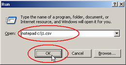 Enter notepad c:\1.csv, and then click OK button.