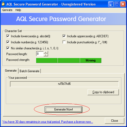 The screenshot of AQL Secure Password Generator's main window