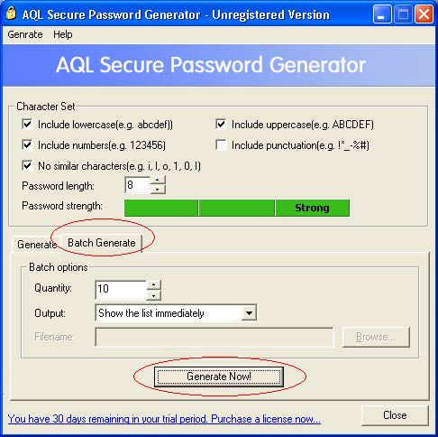The screenshot of AQL Secure Password Generator's  Batch Generate window